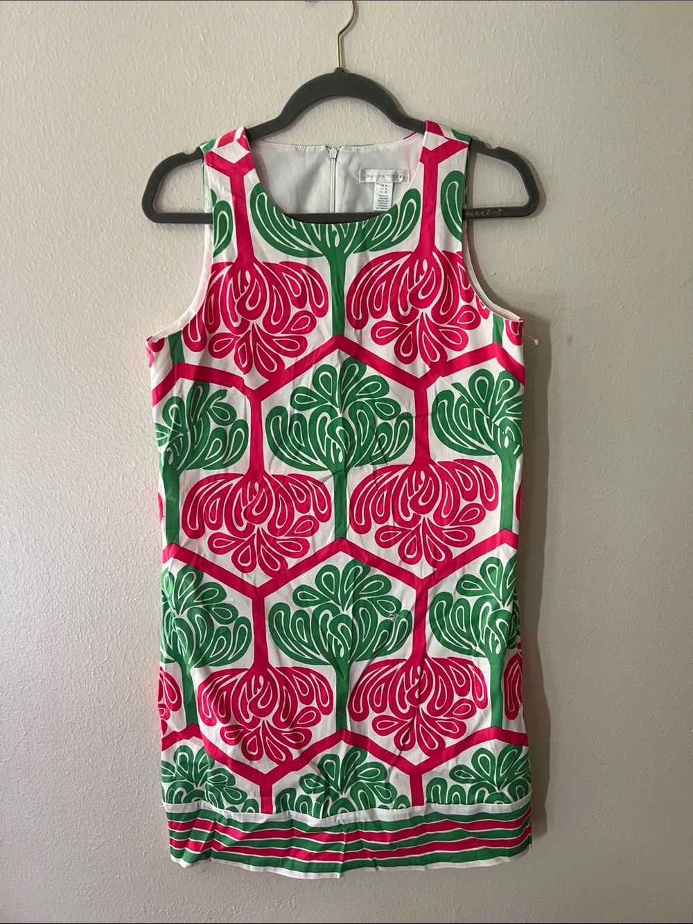 London Times Pink & Green Graphic Tree Print Sleeveless Stretch Cotton Dress 8